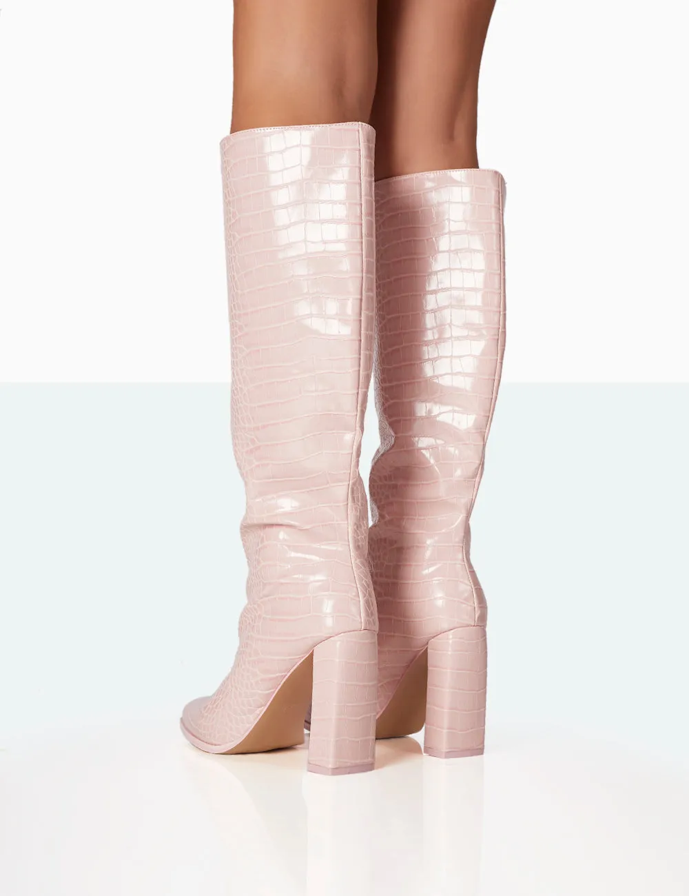 Posie Baby Pink Croc PU Knee high Block Heel Boots