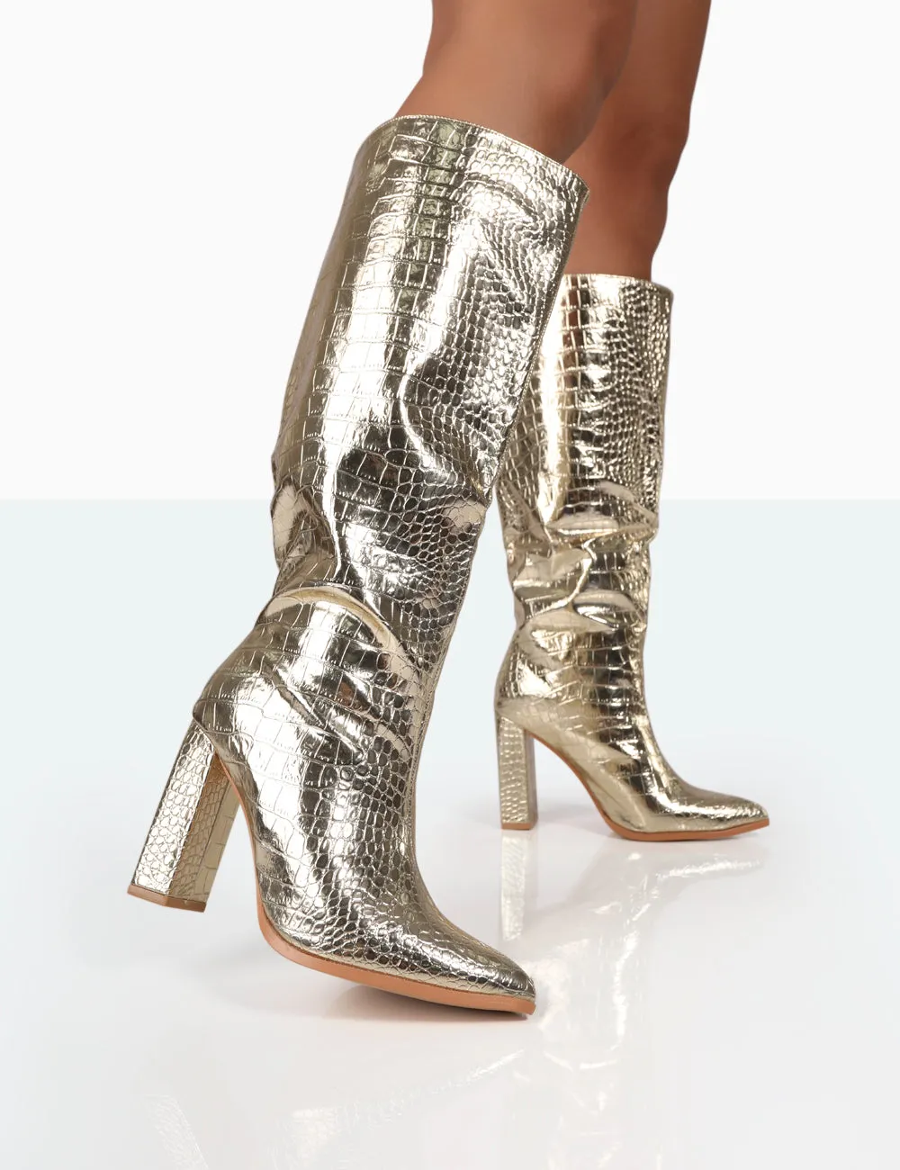 Posie Gold Croc Pu Knee High Block Heel Boots