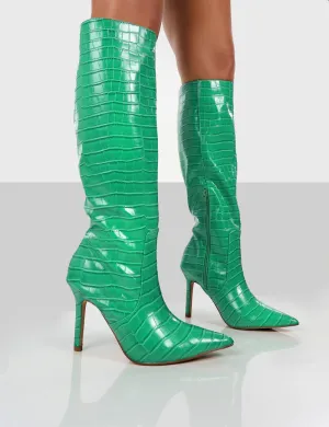 Rosalie Green Croc Heeled Pointed Toe Knee High Boots