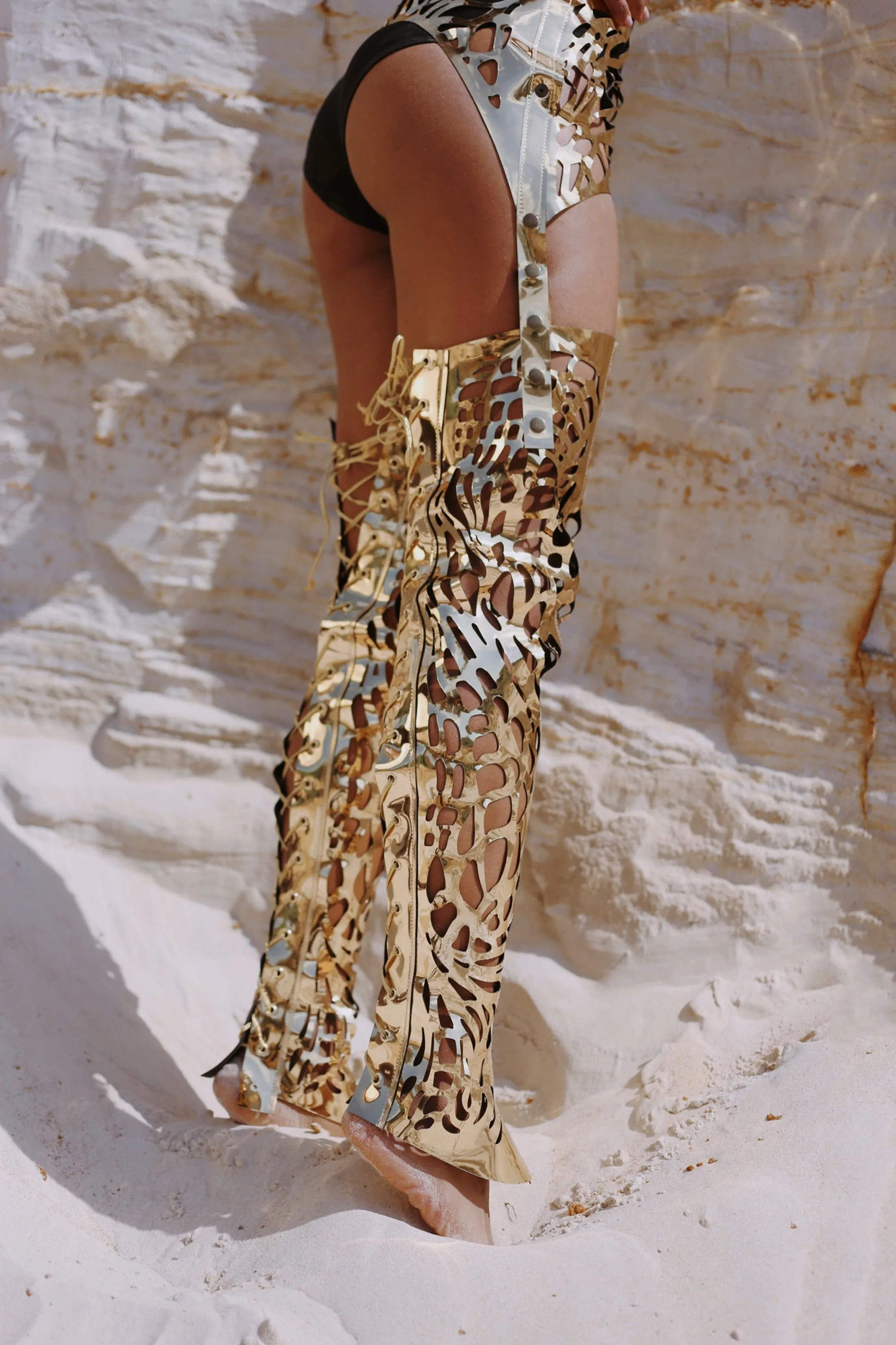 Set / over-the-knee boots, belt / GOLD