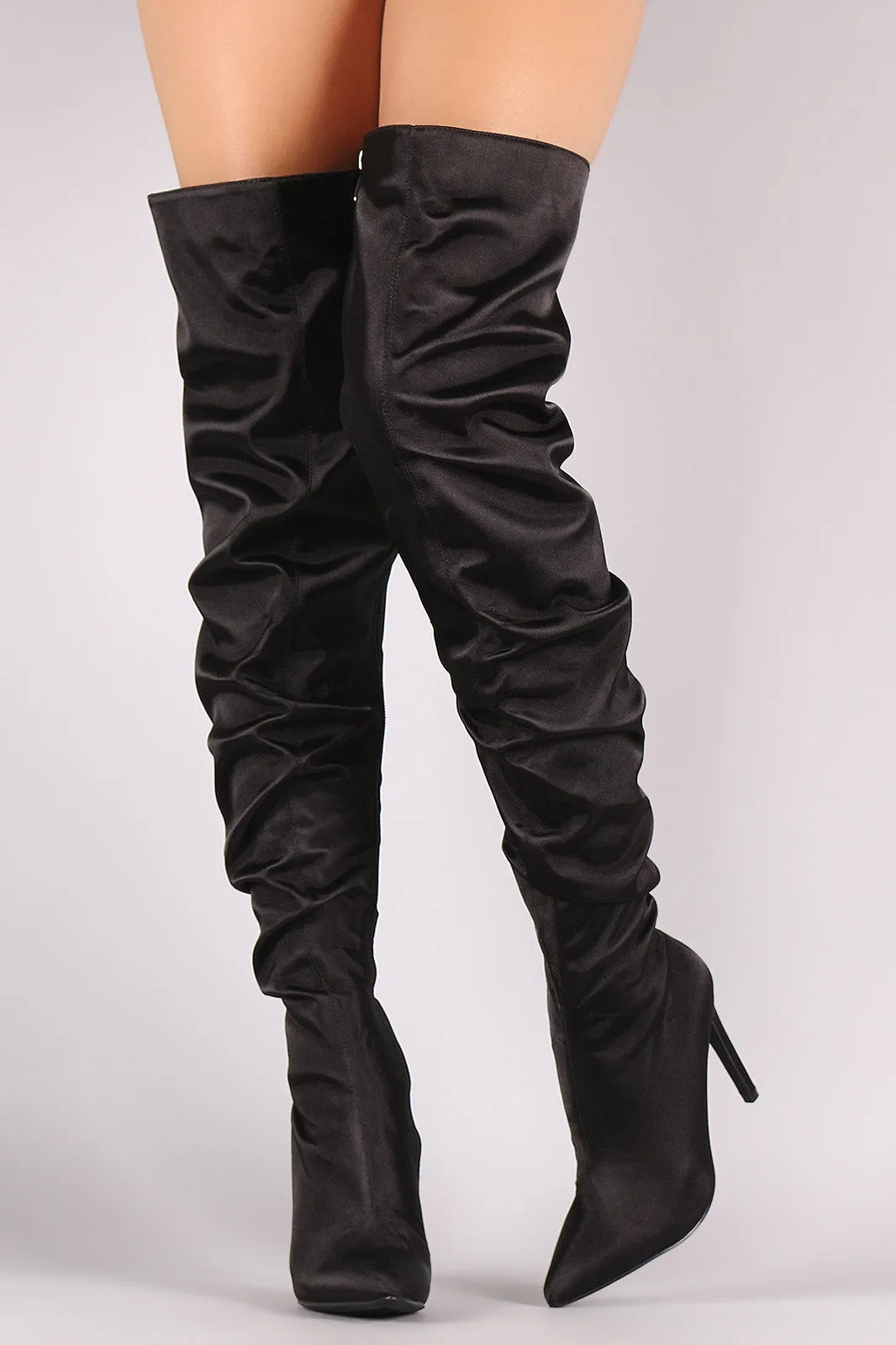 Slouchy Satin Pointy Toe Stiletto Over-The-Knee Boots