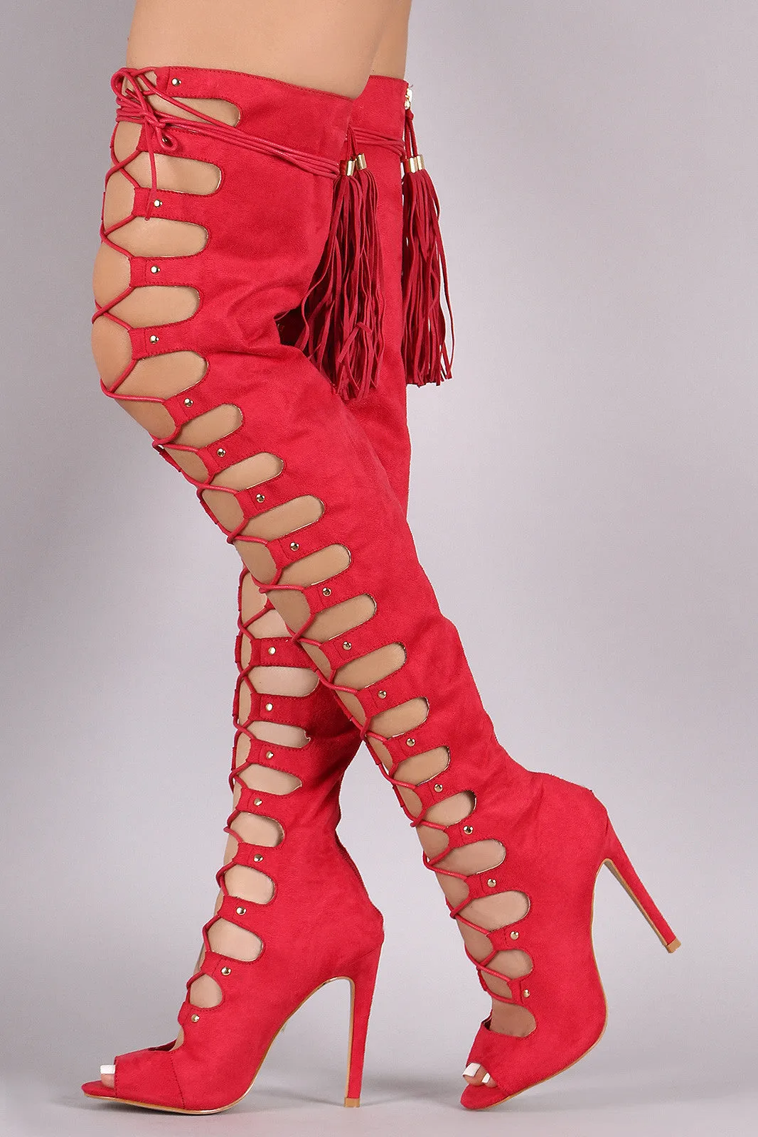 Suede Peep Toe Tassel Over-The-Knee Lace-Up Boots