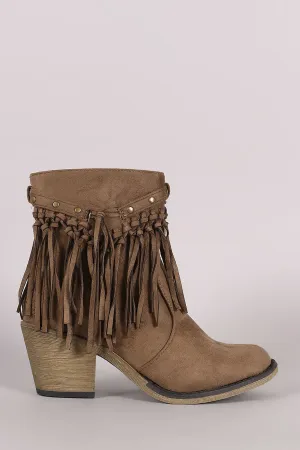 Suede Studded Fringe Chunky Heeled Western Ankle Boots