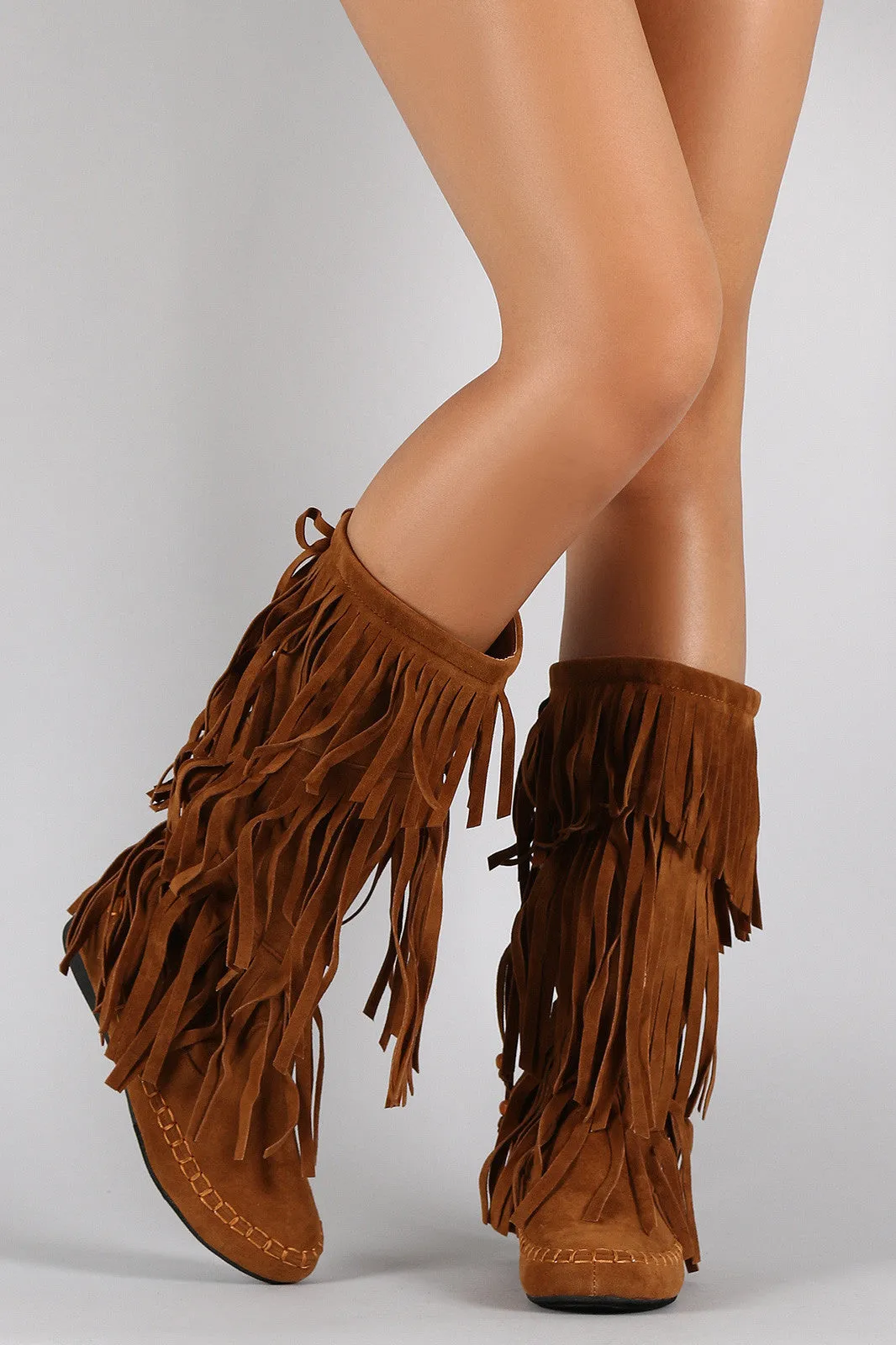 Suede Triple Layered Fringe Round Toe Mid Calf Boot