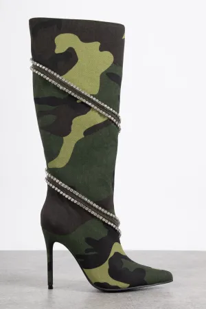 Tammy Girl Embellished Heeled Knee Boots in Camo