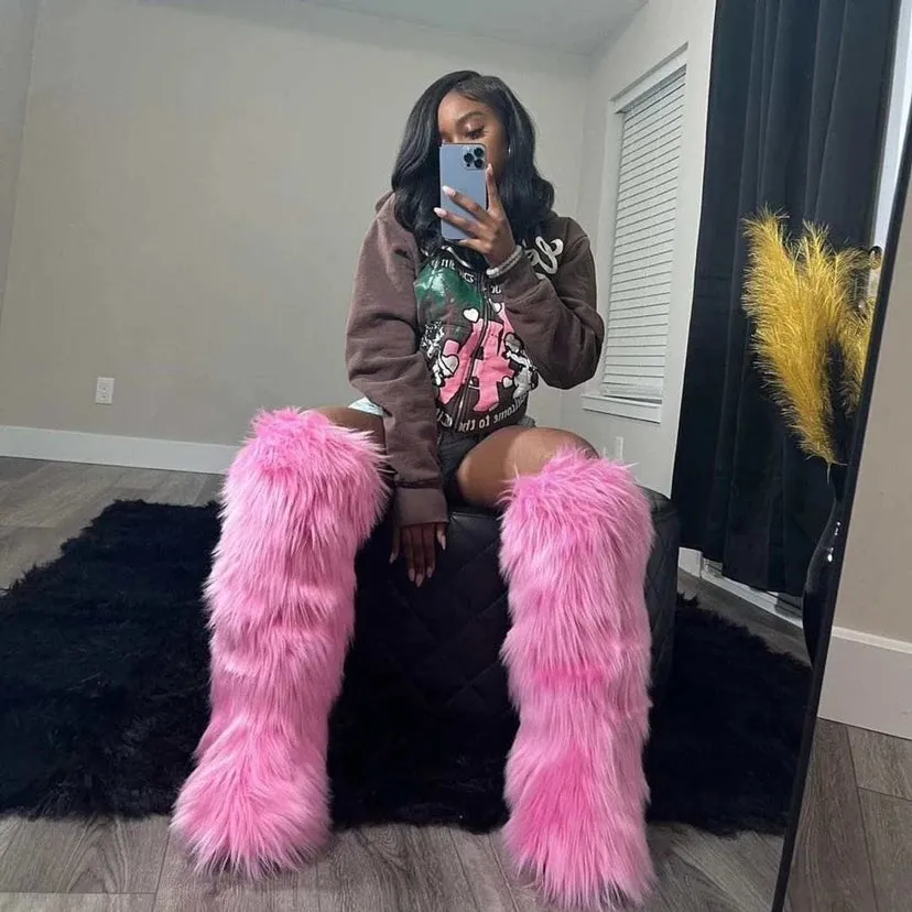 Trendy Thigh High Fluffy Fur Long Knee High Boots