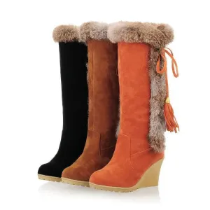 Stylish Plush Wedge Platform Thigh-High Boots with High Heels