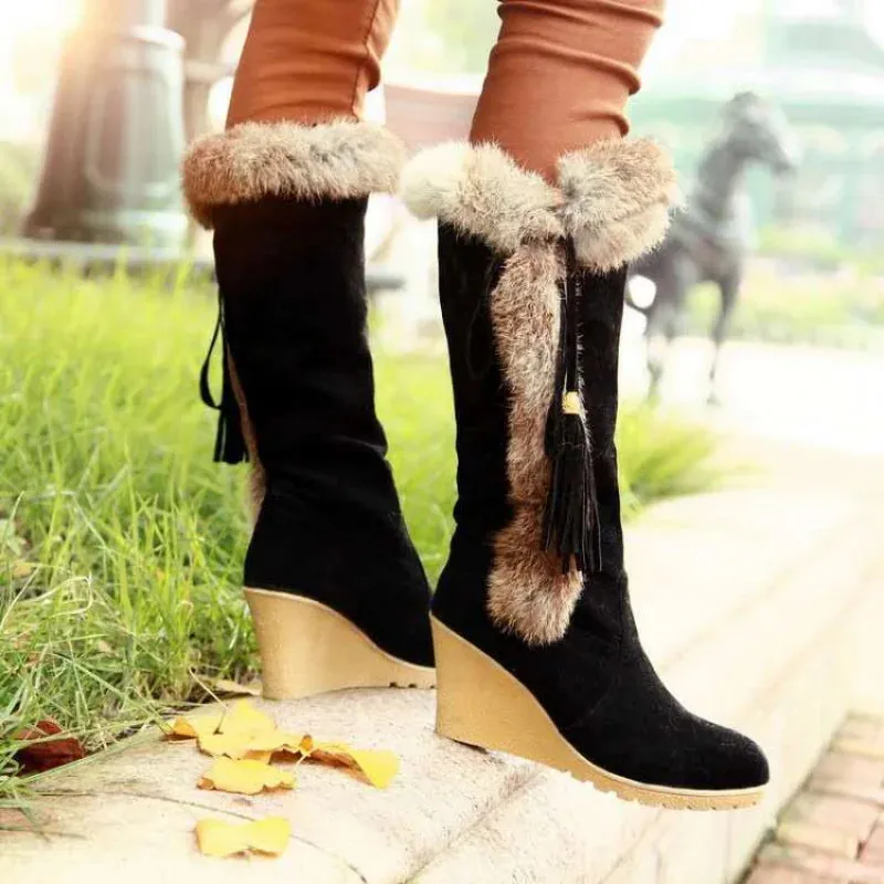 Stylish Plush Wedge Platform Thigh-High Boots with High Heels