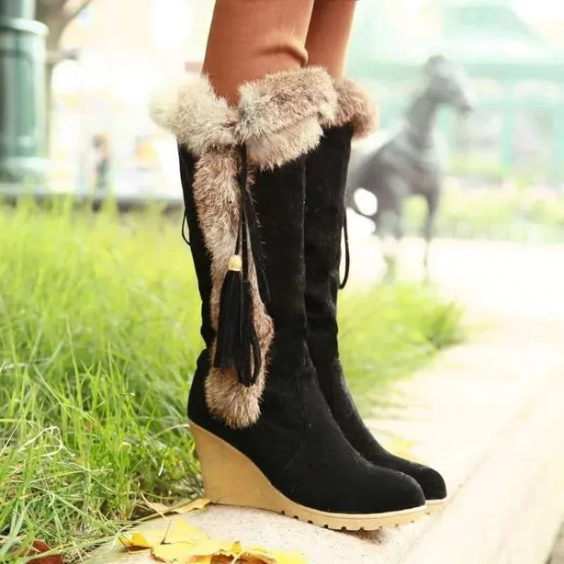 Stylish Plush Wedge Platform Thigh-High Boots with High Heels