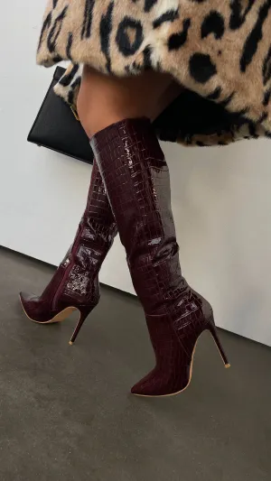 Trisha Knee High Heel Boots - Cherry